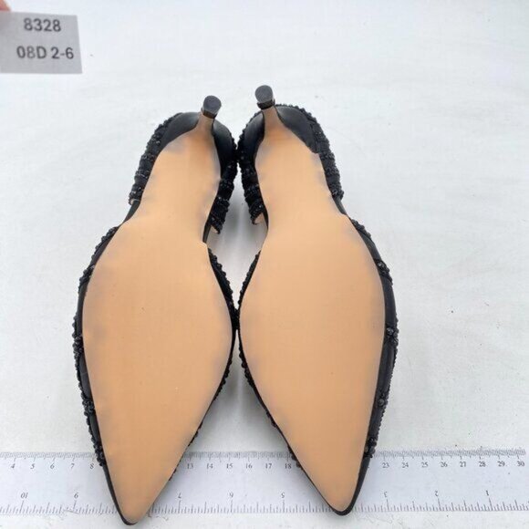 XYD Black Elegant Pointed Toe D'Orsay Kitten Heel Rhinestone Studs Satin Pump - Picture 7 of 8